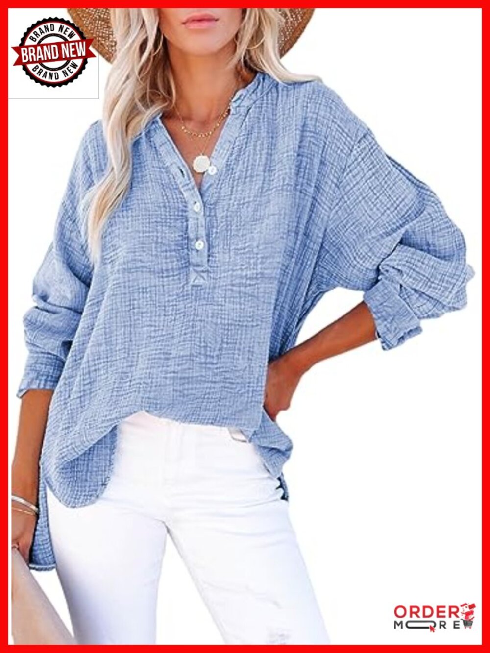 V Neck Long Sleeve Button Down Blouse Oversized Shirt
